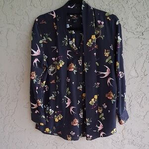 Ann Taylor White and Yellow Graphic Blouse with Notched Collar